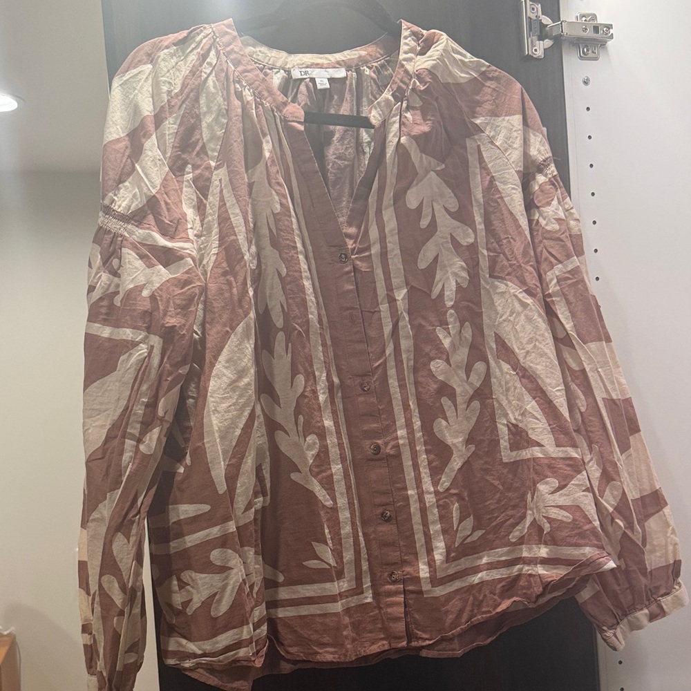Boho Printed Button-Front Peasant Blouse in Dusty Rose & Cream